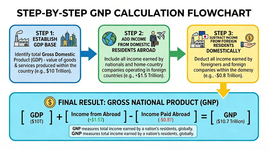 Diagram showing how GNP tracks income earned by domestic residents abroad versus foreign residents domestically