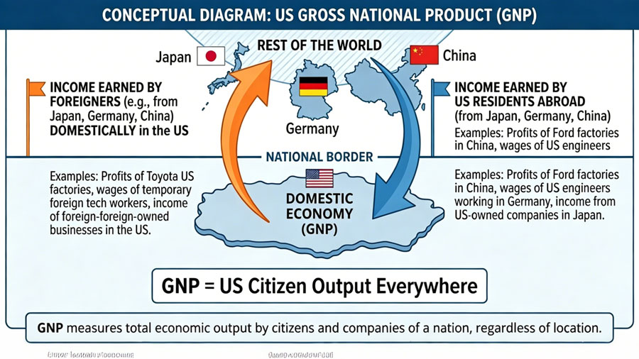 Step-by-step GNP calculation flowchart showing GDP base plus net foreign income adjustment