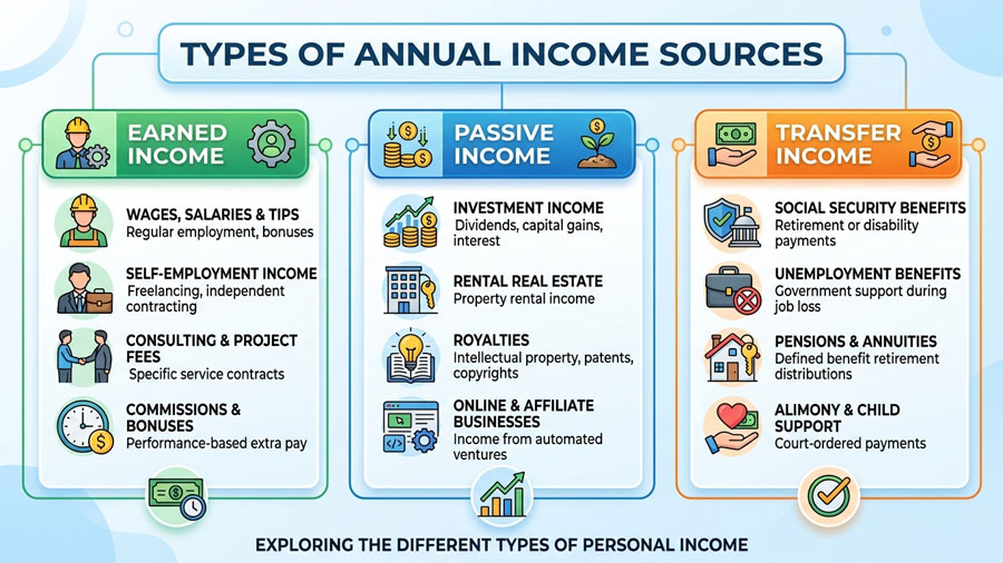 types of annual income sources diagram earned passive transfer
