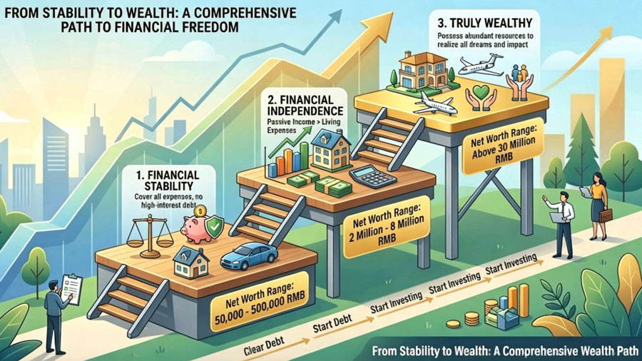 three levels of financial freedom ladder from stable to independent to wealthy