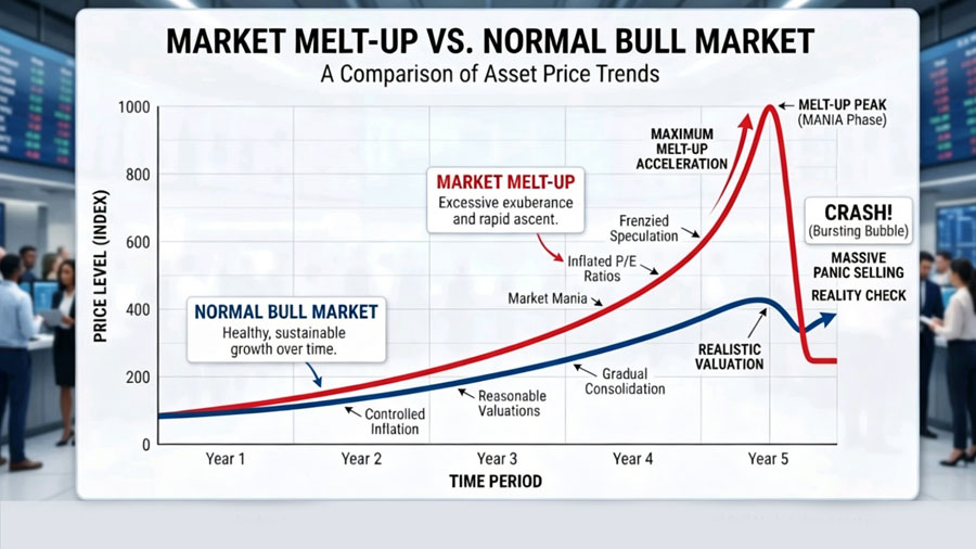 Stock market melt-up vs normal bull market price chart comparison