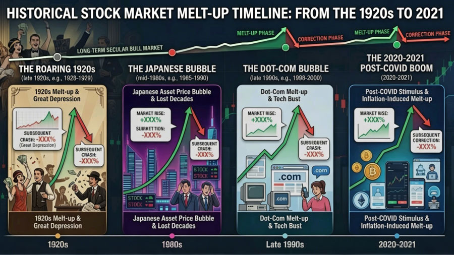 Historical stock market melt-up timeline from 1920s to 2021