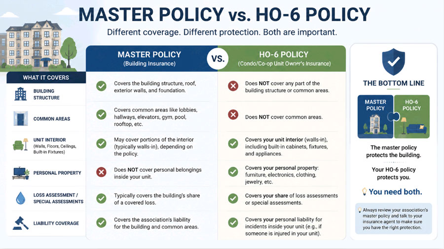 diagram showing what NYC co-op master policy covers versus individual HO-6 unit owner policy