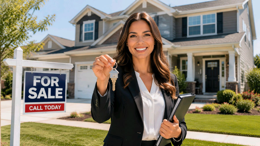 young real estate agent holding house keys in front of a for-sale property
