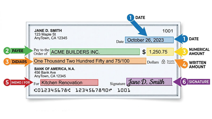 Annotated diagram showing the six fields on the front of a personal check