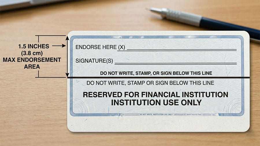 Back of a check showing the endorsement area with a 1.5-inch signing zone and do-not-write boundary line