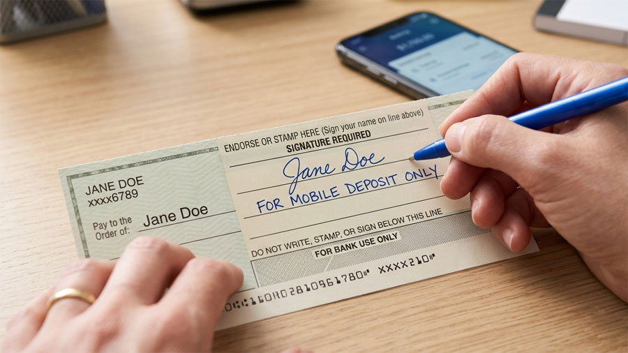 Check endorsement example for mobile deposit showing the words For Mobile Deposit Only written below a signature
