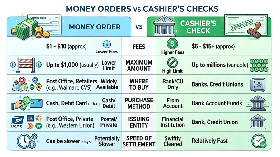 Money order vs cashier's check comparison chart showing fees, limits, and availability