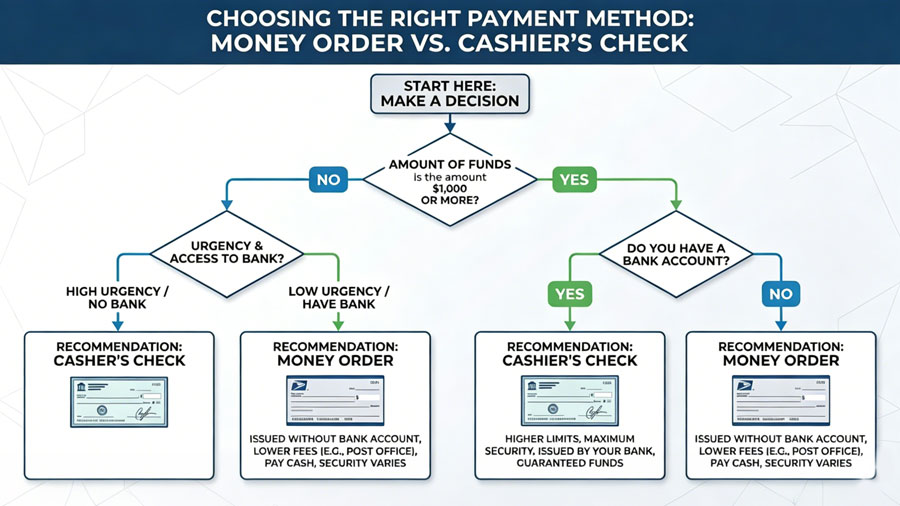 Decision flowchart for choosing between money order vs cashier's check based on amount and bank account status