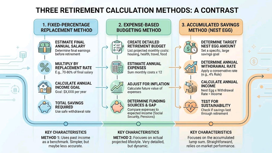 Comparison of three retirement savings calculation methods