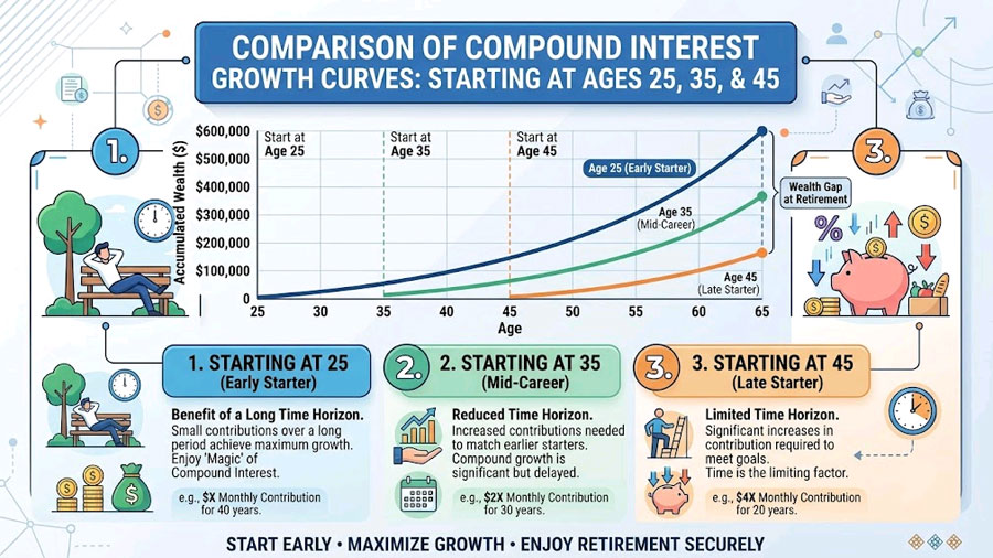 Compound growth comparison starting retirement savings at different ages