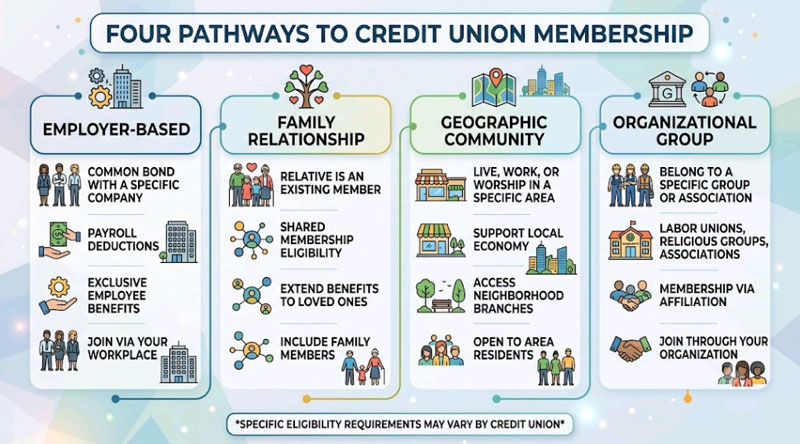 Credit union eligibility paths diagram showing employer, family, geography, and organization membership