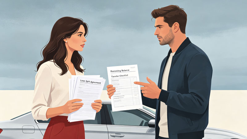 couple reviewing car loan paperwork after separation