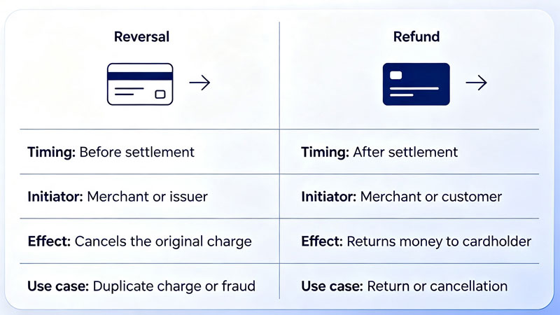 Credit card reversal vs refund comparison table