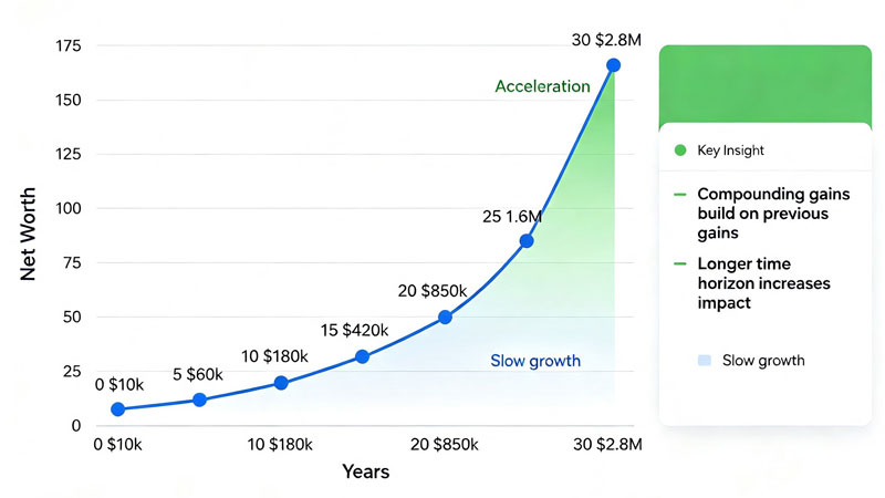 net worth growth curve showing compound interest acceleration