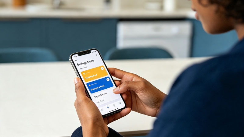 Person setting a labeled savings goal on a banking app