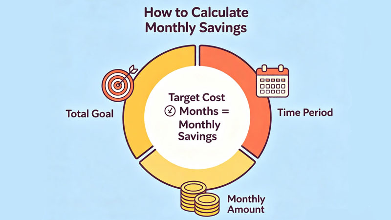Savings goal formula diagram showing cost divided by timeline