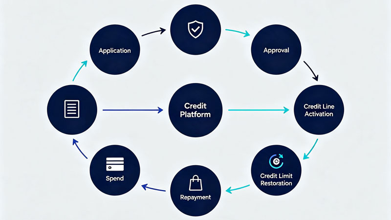Revolving credit lifecycle diagram showing platform-based approval and repayment cycle