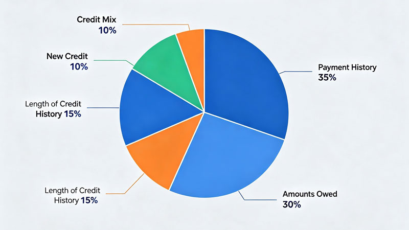 FICO score weighting chart showing payment history and credit utilization percentages