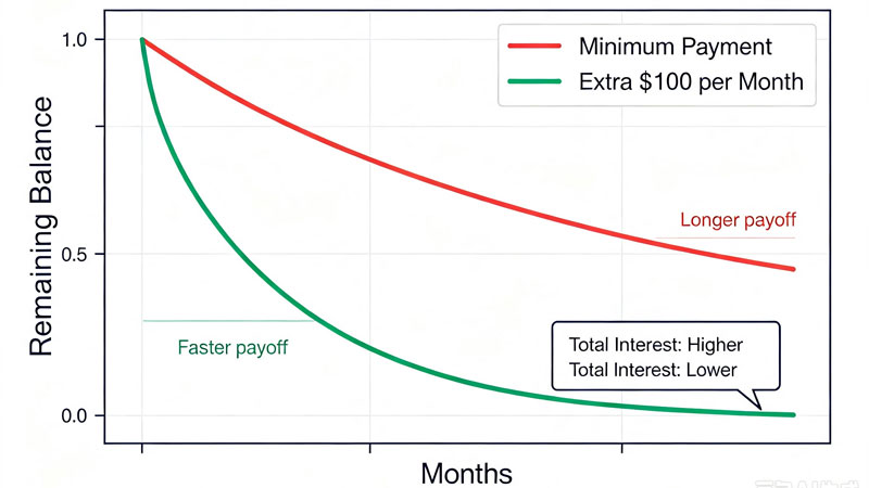 Chart comparing minimum payment versus extra payment payoff timelines
