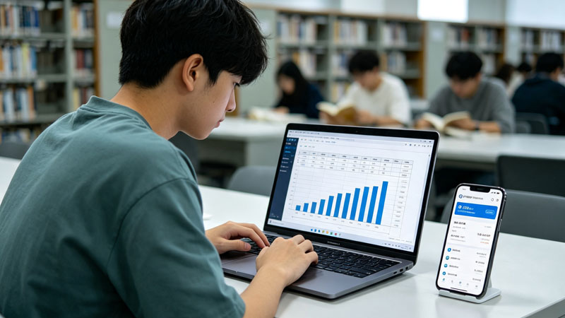 high school student budgeting on laptop and phone