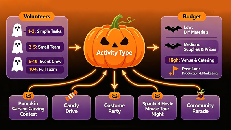 Halloween fundraiser decision flowchart by budget and volunteers