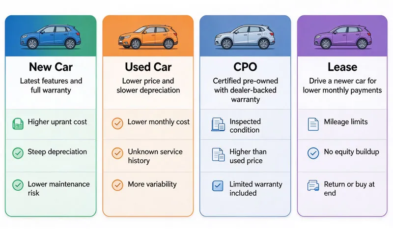 Comparison of new, used, CPO, and lease car buying options