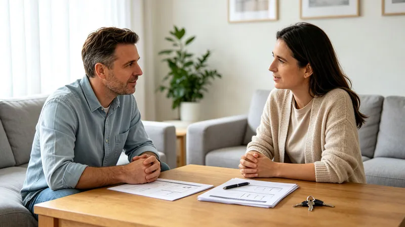  landlord interviewing prospective tenant at kitchen table