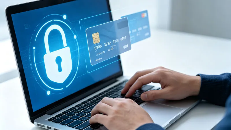 person entering debit card details securely online