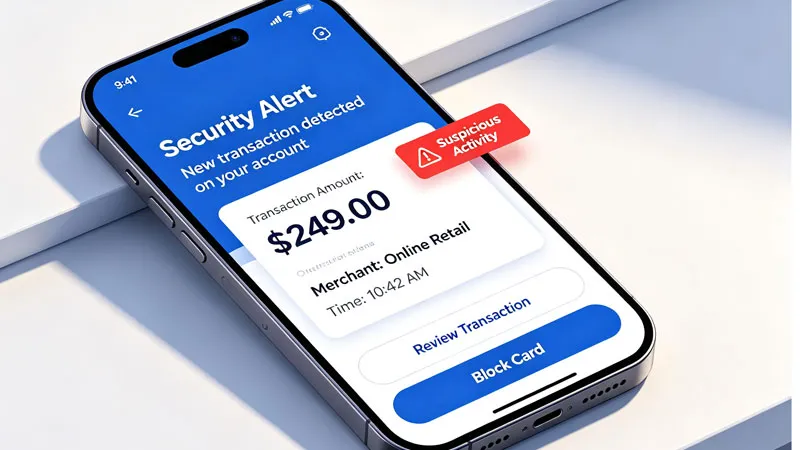 mobile banking app showing real-time fraud alert notification