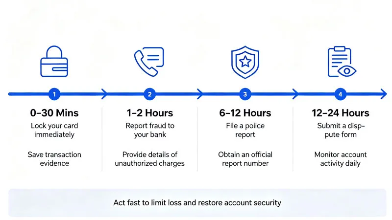 24-hour action timeline after debit card fraud diagram