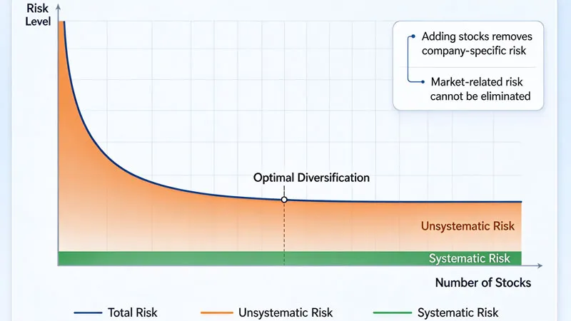 diversification curve showing total risk decreasing as number of stocks increases
