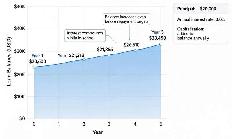 student loan interest compounding graph during college years