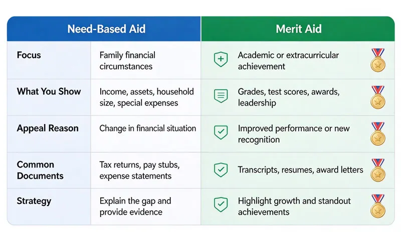 Need-based aid vs merit aid appeal comparison table