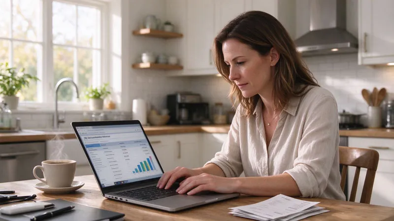 Adult reviewing a credit report on a laptop at a kitchen table