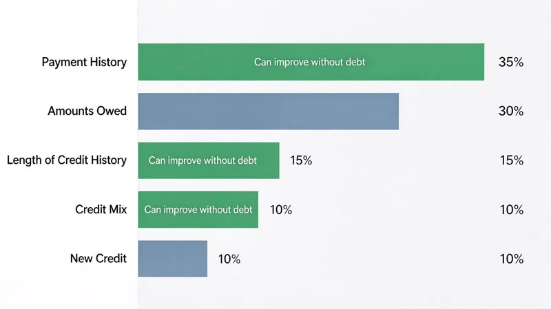 Bar chart of FICO score factors showing which ones you can improve without taking on debt