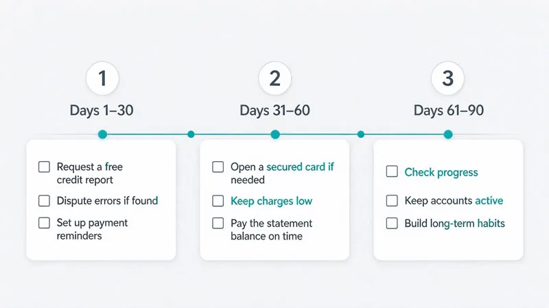 90-day timeline checklist for building credit without debt