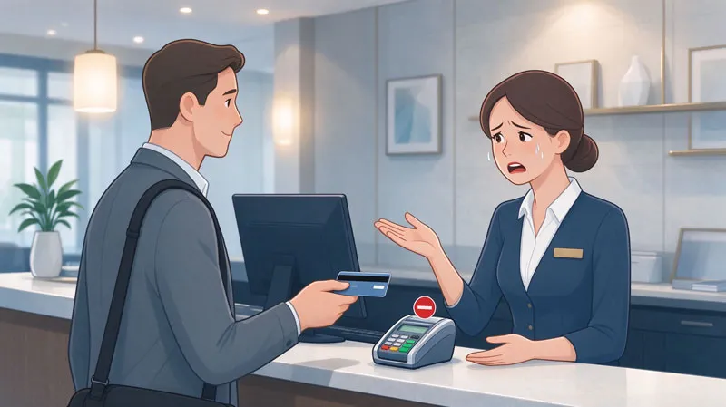 Customer at a hotel front desk with a declined credit card, illustrating a credit hold